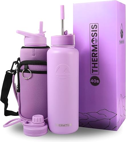 THERMOSIS Botella de agua de 40 onzas con pajilla, botella de agua térmica con apertura de boca ancha y 3 tapas. Incluye soporte para botella de