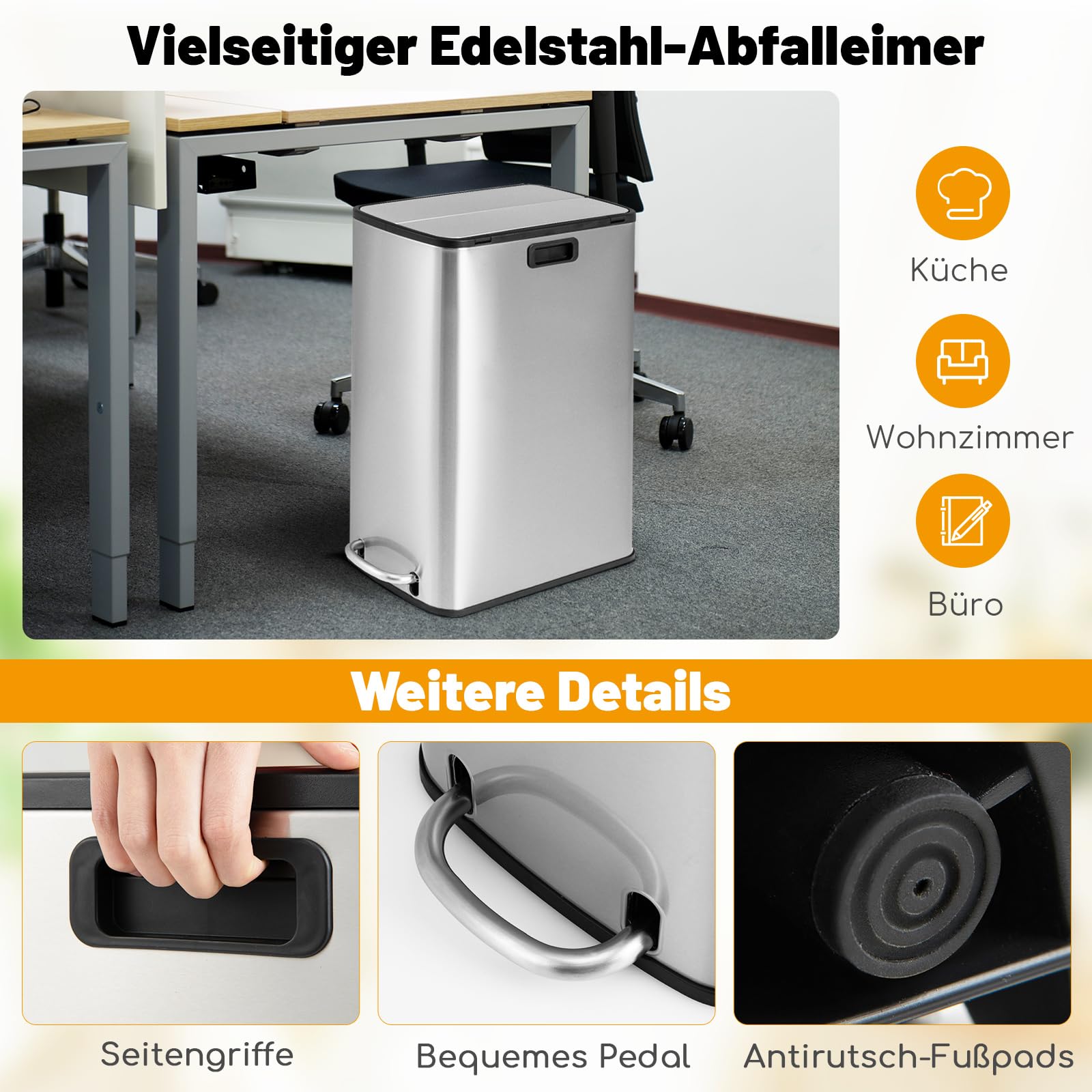 COSTWAY 46L Mülleimer Edelstahl, Küchenabfalleimer mit 2 Deckeln & Pedal & Griffe, Treteimer mit herausnehmbarem Inneneimer, Abfalleimer für Küche, Wohnzimmer, Badezimmer, Büro, 52 x 26 x 68 cm