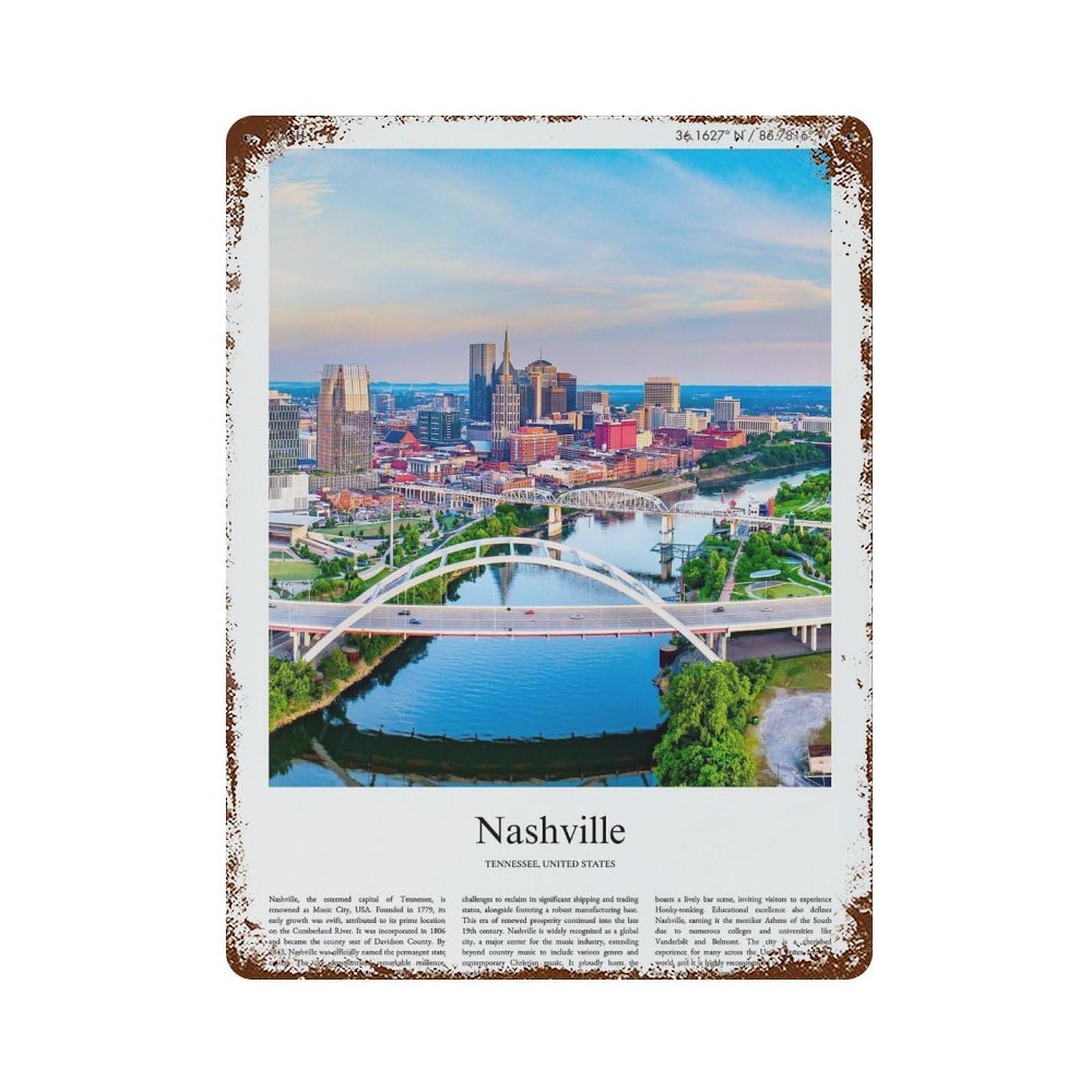 xiaoxiaoshen Nashville Tennessee, United States, USA City Scenery Wall Decor Art Metal Tin Poster Modern Home Decor Art Home Bar Shop Decorations Vintage Sign 40x30cm