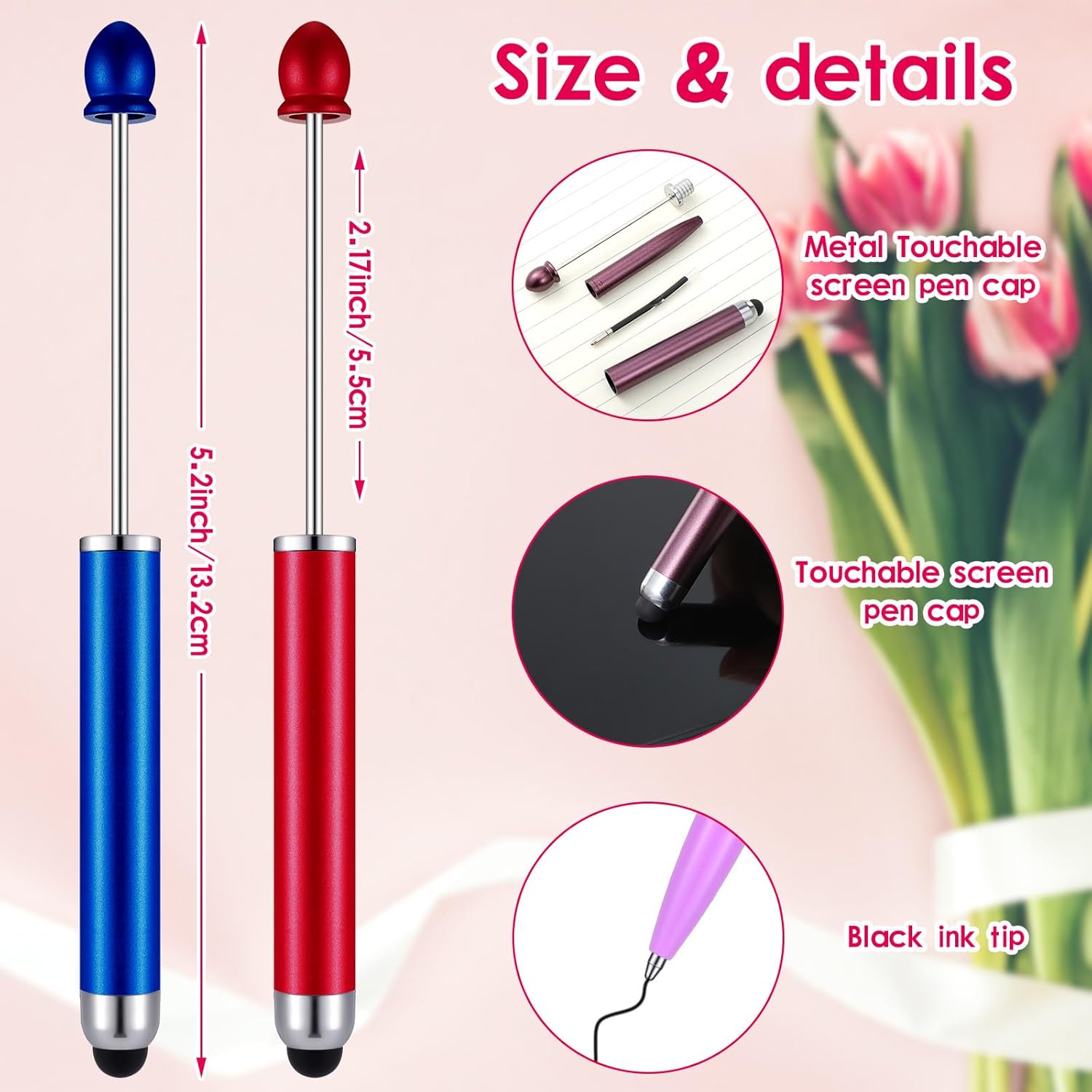 Engrowtic 60 Pcs Beadable Stylus Pens Bulk, 2 in 1 Beadable Pens Stylus Pen DIY Beaded Pens with Ink Refills for DIY Making Gifts Office School Supplies