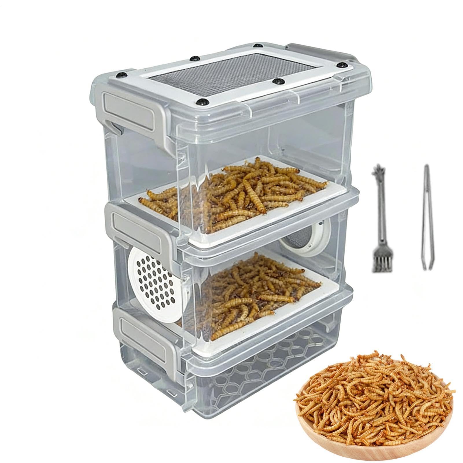 Mealworm Breeding Kit - Small Animal Breeding Container, Stable Multi-Layer Filter Breathable Containers, Stackable Silkworm Breeder Container, For Reptiles Chickens Lizards Bearded Dragon Tortoises