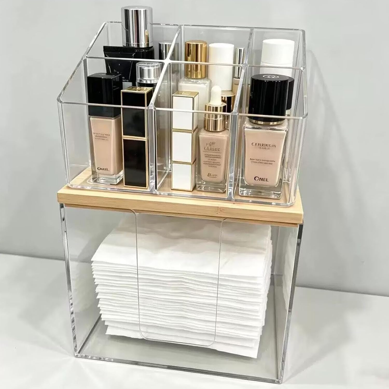 2 in 1 Disposable Facial Towel Holder and Cosmetic Organizer with Foldable Bowl, Clear Storage Compatible with Clean Skin Club Towel XL, Stackable Vanity Organizer for Bathroom Vanity Counter