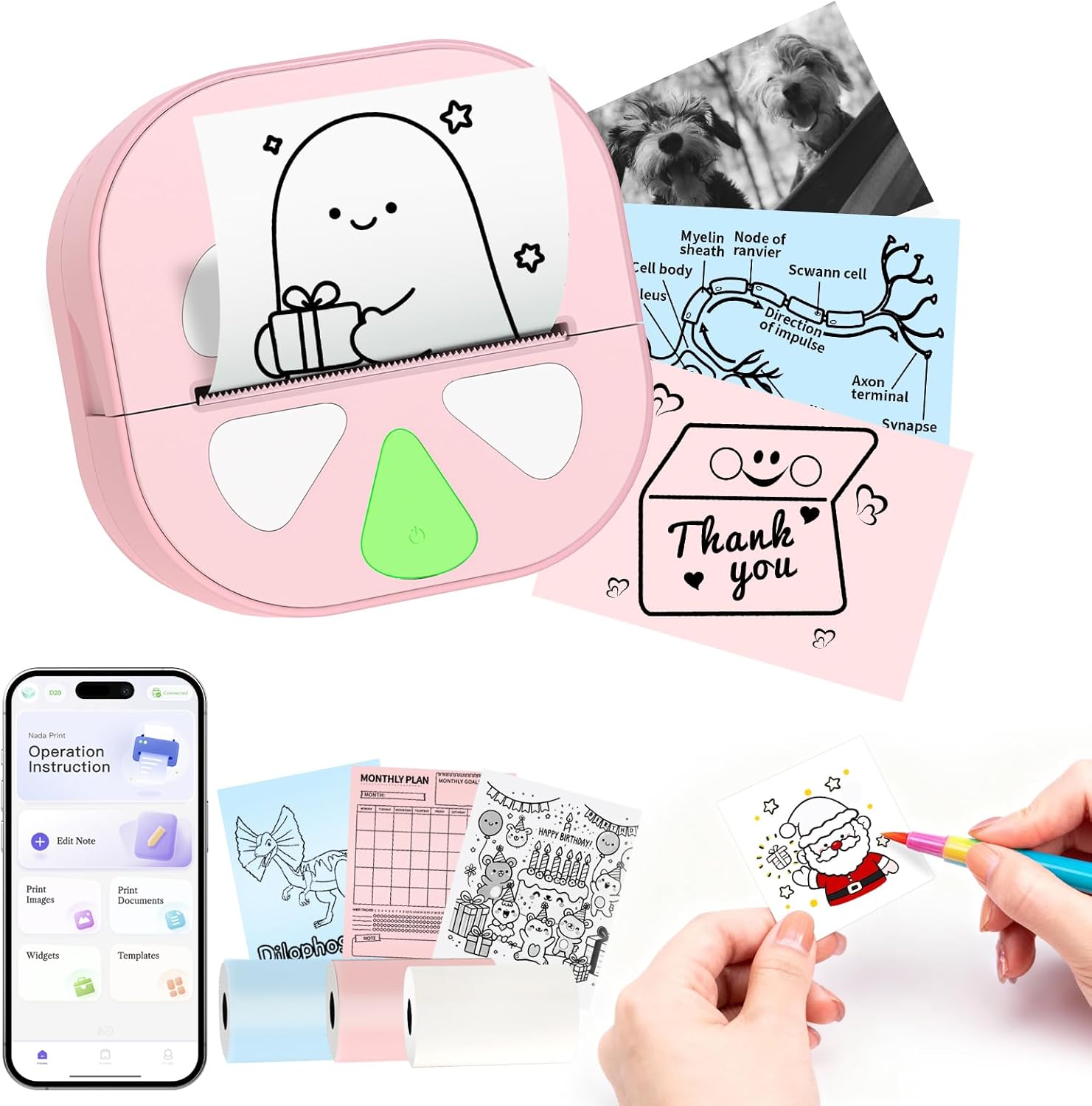 Mini Sticker Printer Thermal Sticker Maker Machine,Bluetooth Print Pods for Kids Teens Gifts,Pocket Printpod Portable Impresora for Phone,Note Buddy,Photo,Custom Sticker,Scrapbook-Pink