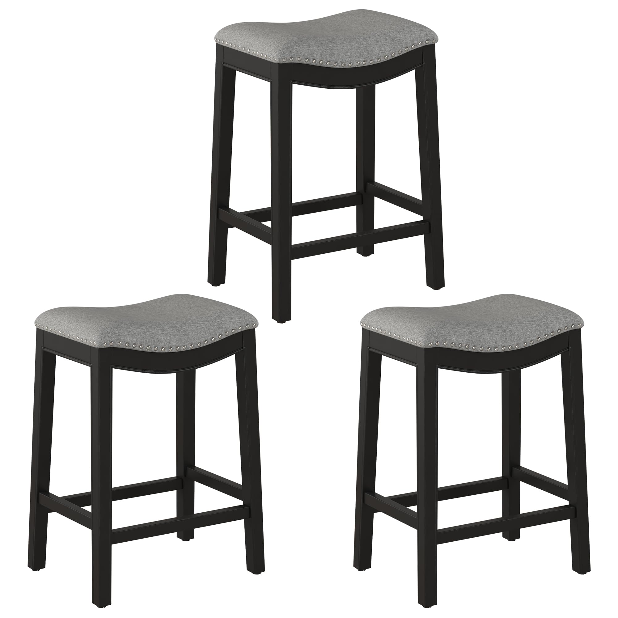 GOOLON Bar Stools Set of 3, Counter Height Stools Saddle Seat, 27” Vintage Linen Fabric Chairs with Wood Legs and Nailhead Upholstered Seat for