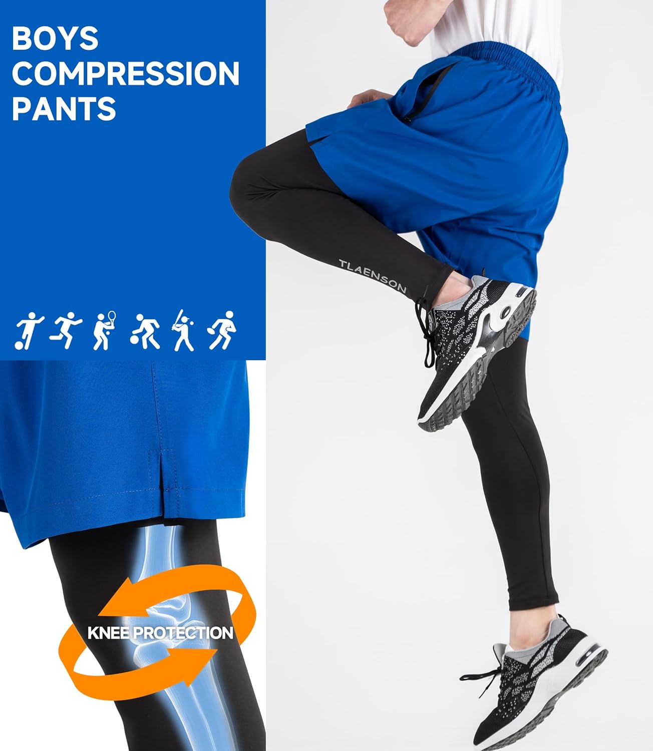 TLAENSON Boys Compression Pants Kids 2 in 1 Football Sports Leggings with Shorts with Zipper Pockets - Image 3