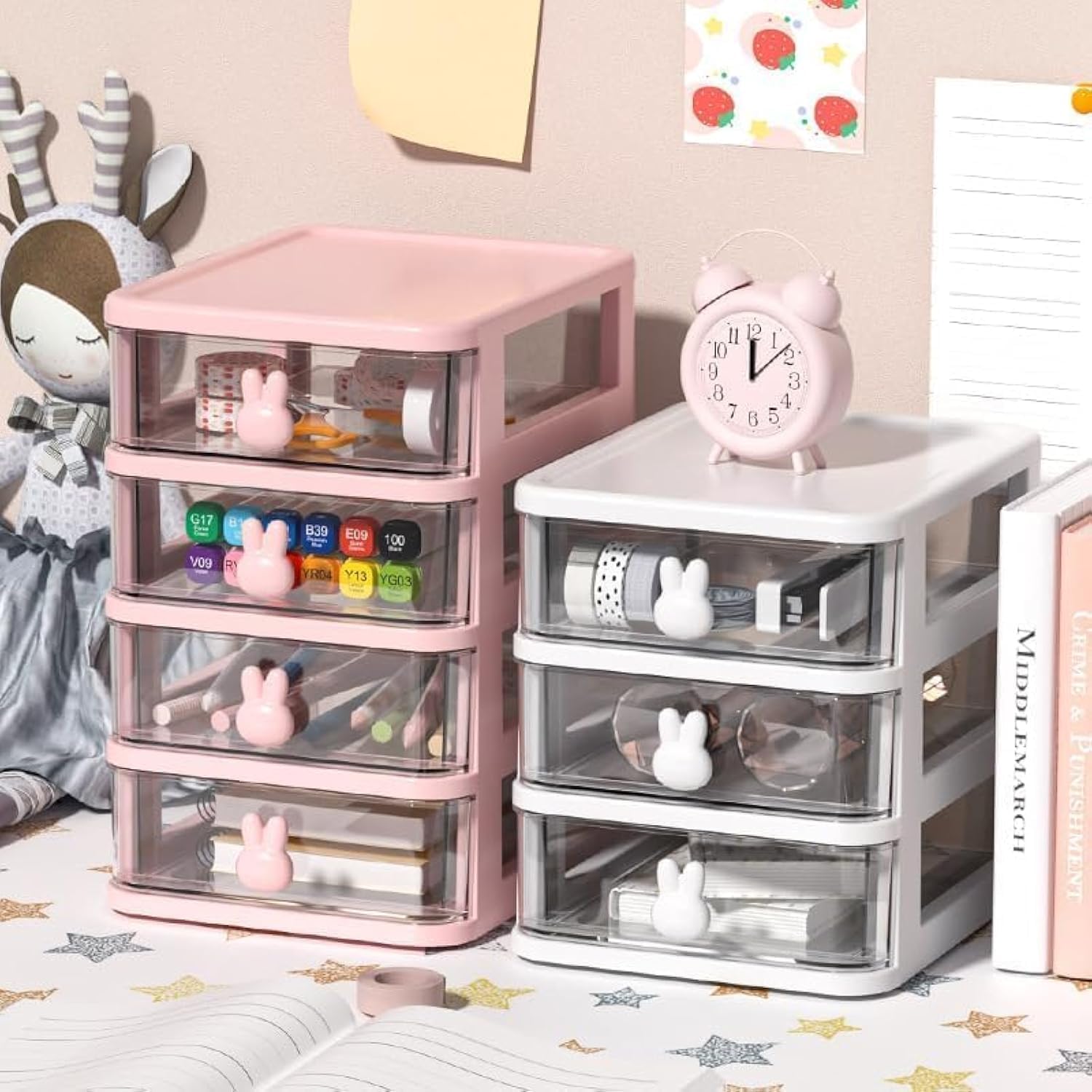 ROUNY 2 PCS Desk Organizer with Drawers, Plastic Clear Office Desk Accessories, Multi-Functional Organizer Desktop Storage Box, Makeup Organizer for Office, Home, Classroom, Dormitory (3 white+4 Pink)