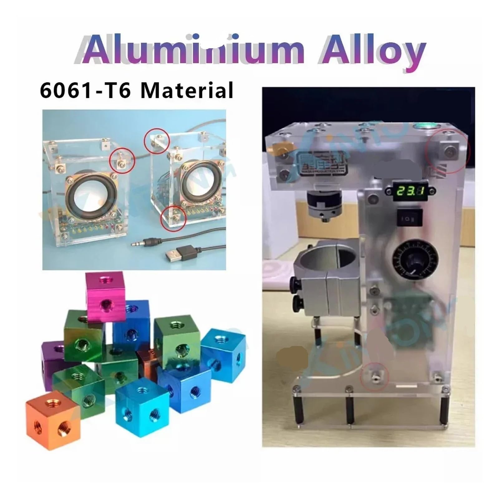 5 pezzi in lega di alluminio anodizzato M3 M4 M5 M6 M8 M10 cubo connettore staffa di fissaggio distanziatore quadrato distanziatore a T 6 vie(Aluminium Colour,M6 x20 x 20 x 20mm)