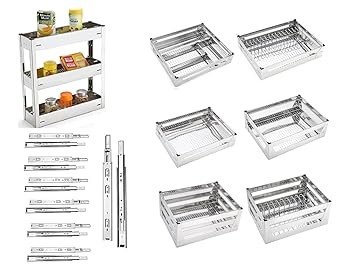 WINSTAR Set of 6 Stainless Steel Perforated Sheet Modular Kitchen Baskets w/d Bottle Pullout w/d 7 set 20inch Telescopic Channel | Premier Series Kitchen Organizer (21 Inch Width  20 Inch Depth)