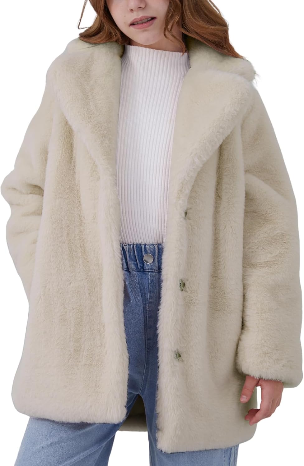 Girls Faux Fur Coat Fluffy Lapel Furry Jacket Long Sleeve Shaggy Long Coat Winter Warm Coats Outerwear