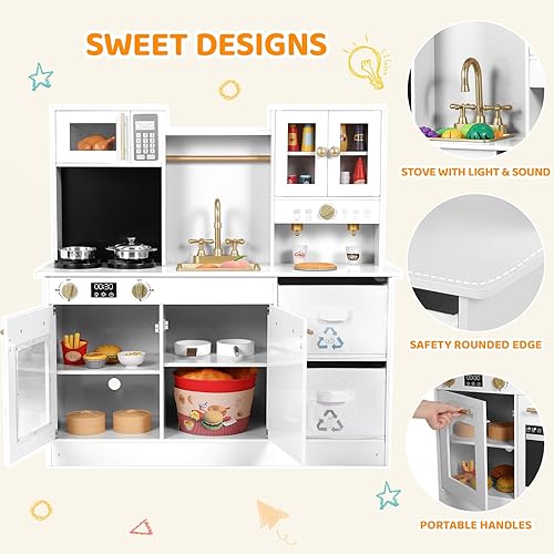 Miniatura 4 de Arlopu Cocina de juego para niños, cocina de juguete de simulación de madera, juego grande de cocina con utensilios de cocina, estufa con luz y