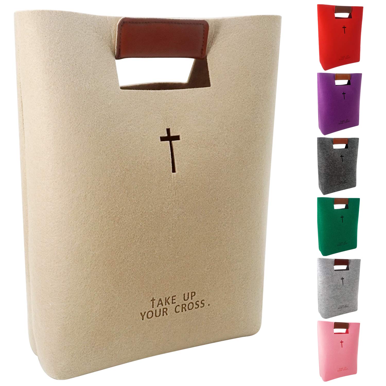 HIFELTY Bible Tote Bag for Women Men, Book Cover Journal Handbag Organizer Writing Study Carrying Case with Leather Handle, Christmas Gift Pouch for Work School Travel Business Shopping - Khaki