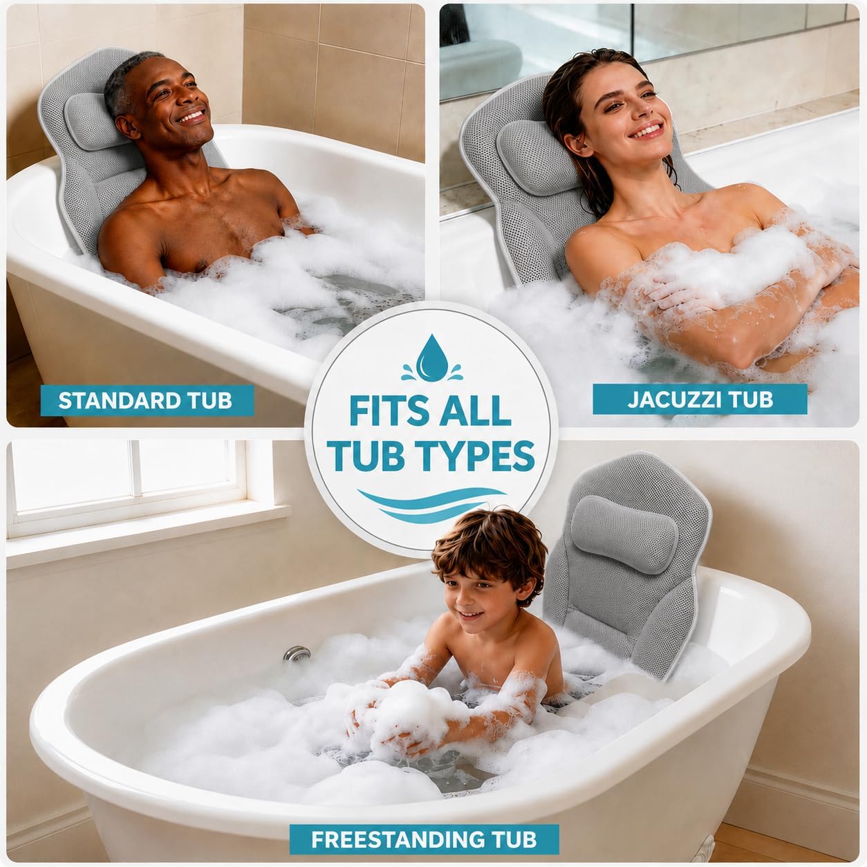 Full Body Bathtub Pillow with Lumbar Support, 5D Air Mesh Bathtub Cushion for Soaking Tub, 168 Suction Cups Full Bath Pillow for Post-Yoga Spa, Deep Relaxation & Romantic Baths Small Grey