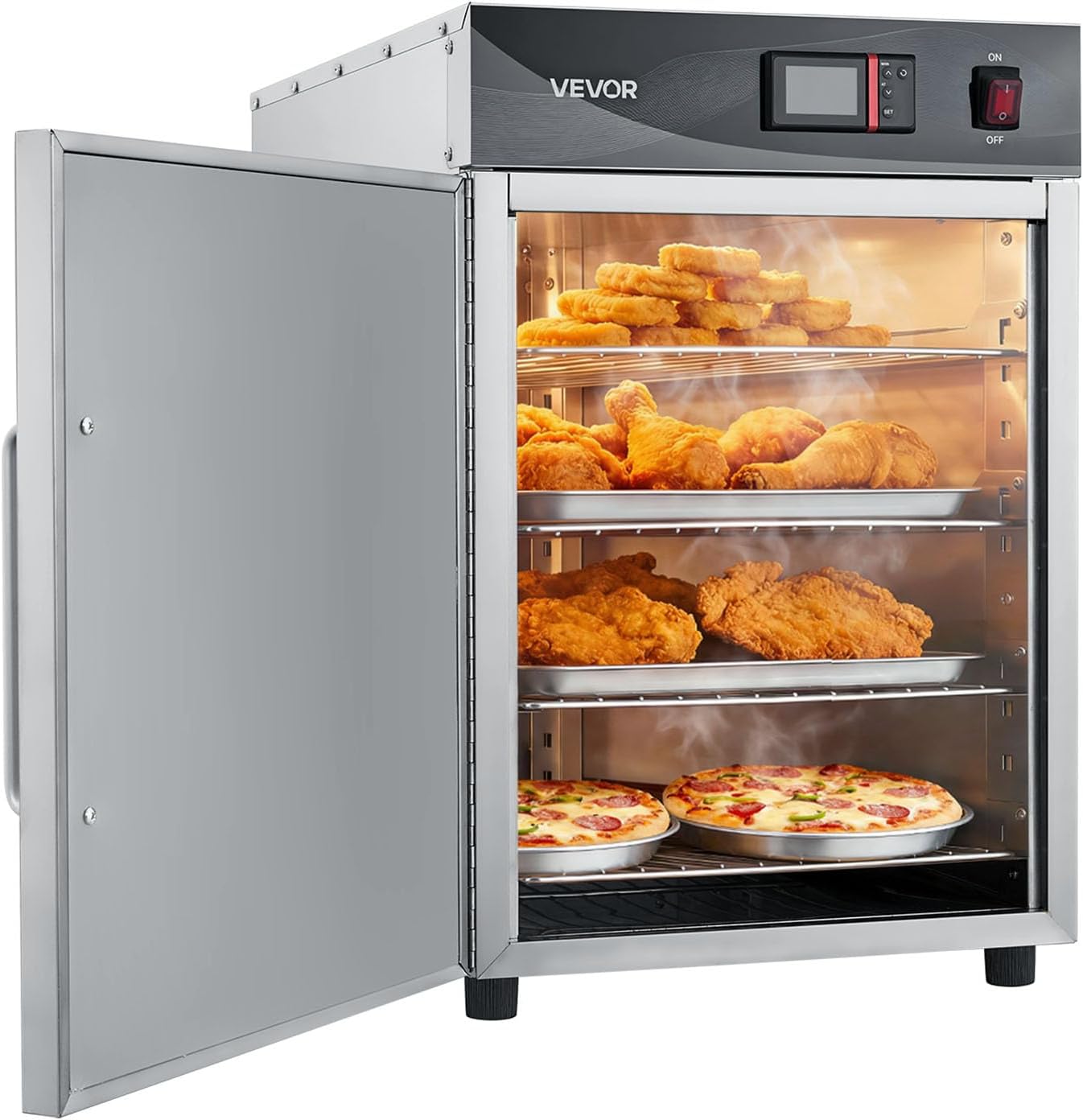 VEVOR Electric Hot Box Food Warmer, 4-Tier Commercial Warming Cabinet with Water Tray, Single-Door and Adjustable Shelves, Stainless Steel Food Warmer Cabinet, for Restaurant, Kitchen, Pizza, Chicken