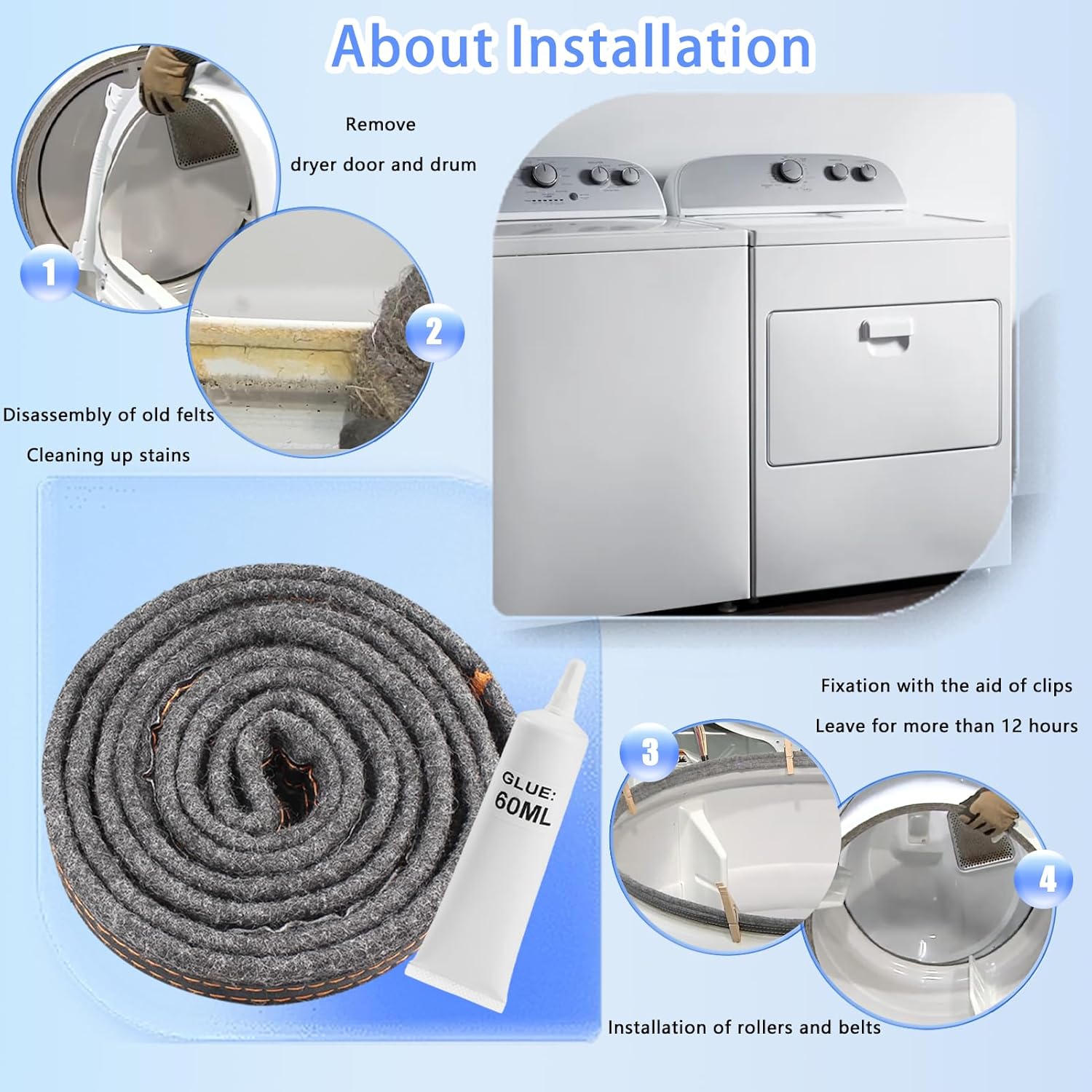 72 Inch Dryer Drum Felt Seal for 24" Compact Dryers Compatible with Whirlpool, Kenmore, Maytag, Amana Compact Models – NOT 82 Inch– Measure Before Ordering,3-Year Warranty