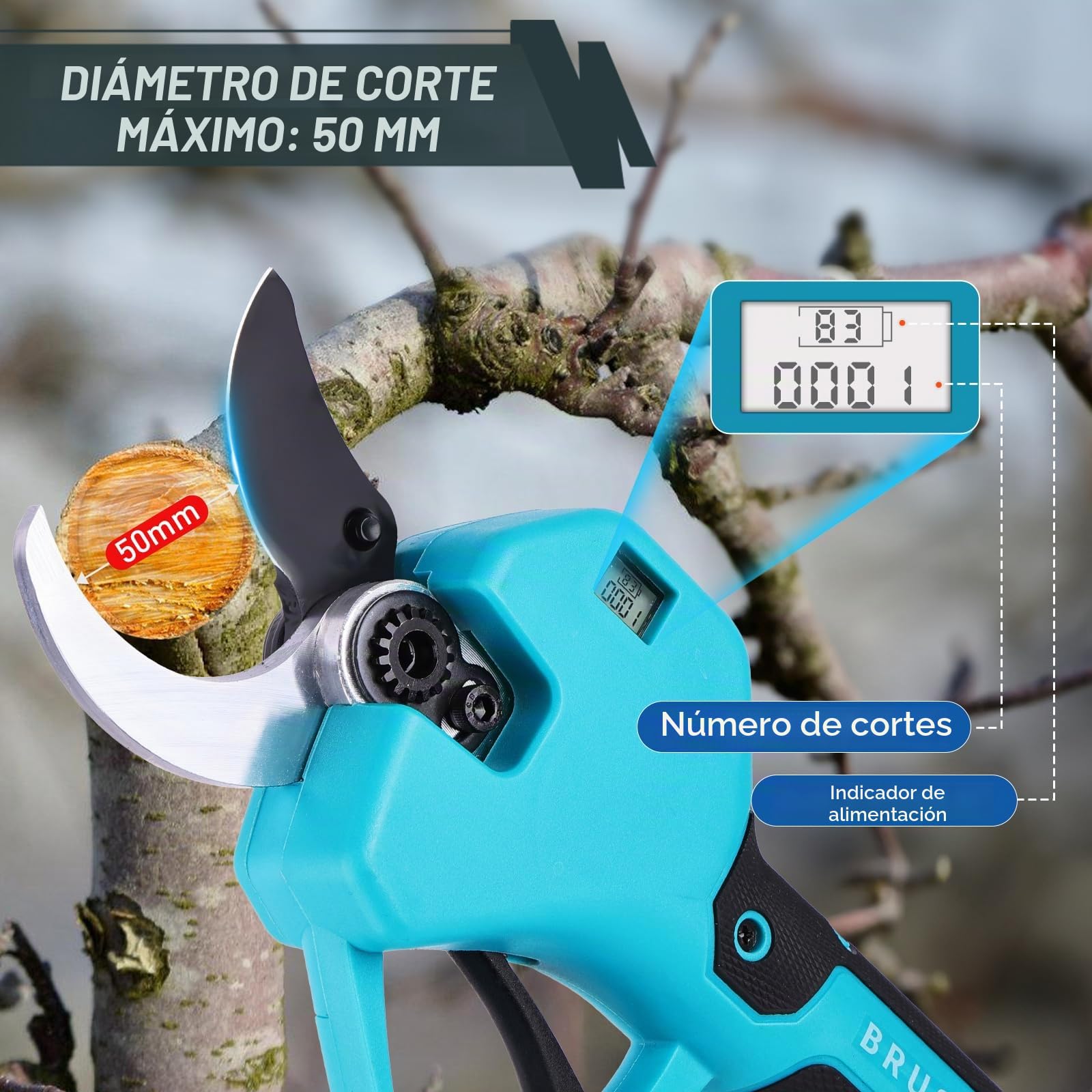 Tijeras de Podar Eléctricas 50mm, tijeras de podar telescópicas con Pértiga 2m- 2 Baterías 21V/2.0Ah, Pantalla Digital, 2 Hojas SK5, Ideal para Viñedos, Jardinería y Granjas (Azul Agua)
