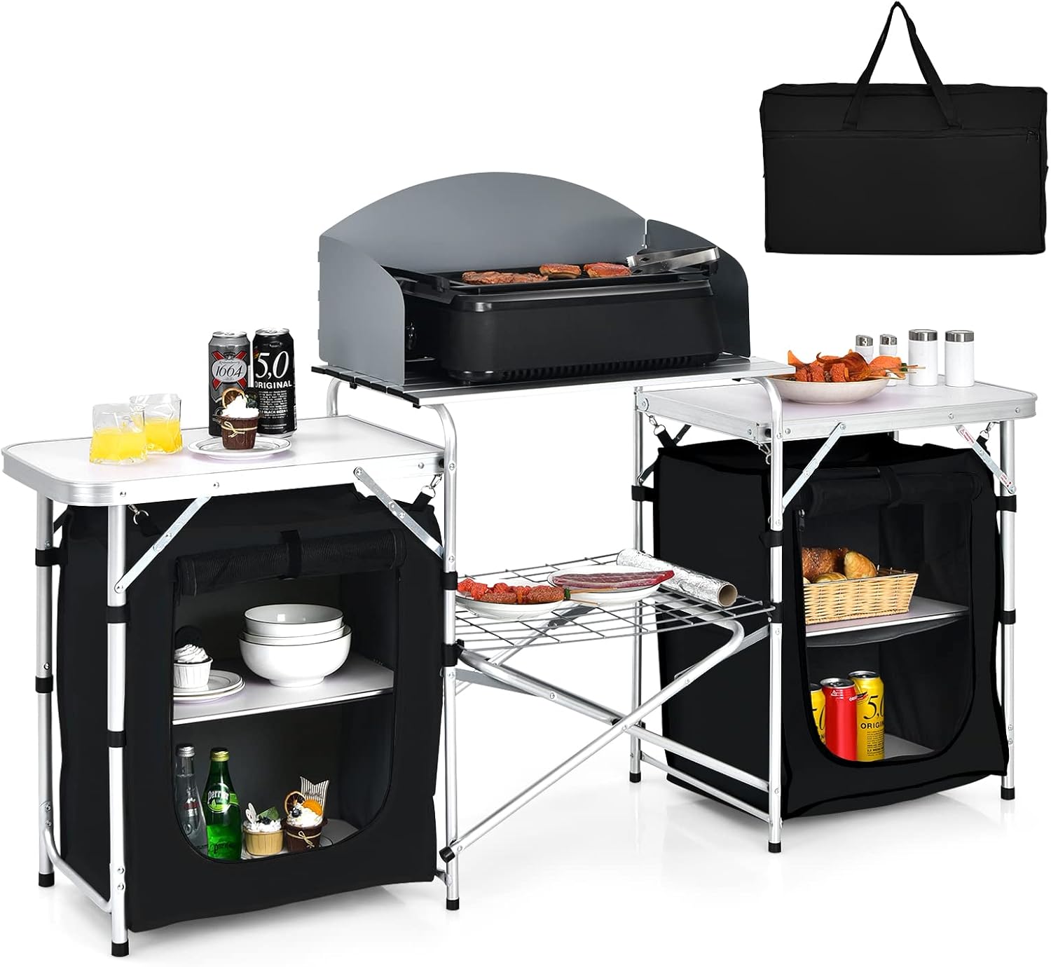 Tangkula Folding Camping Table, 2-Tier Aluminum Camping Kitchen Table with Windscreen, Cook Station, Portable Camp Cook Table with Storage Organizer Shelves, Carry Bag, Ideal for Picnic, BBQ, Party