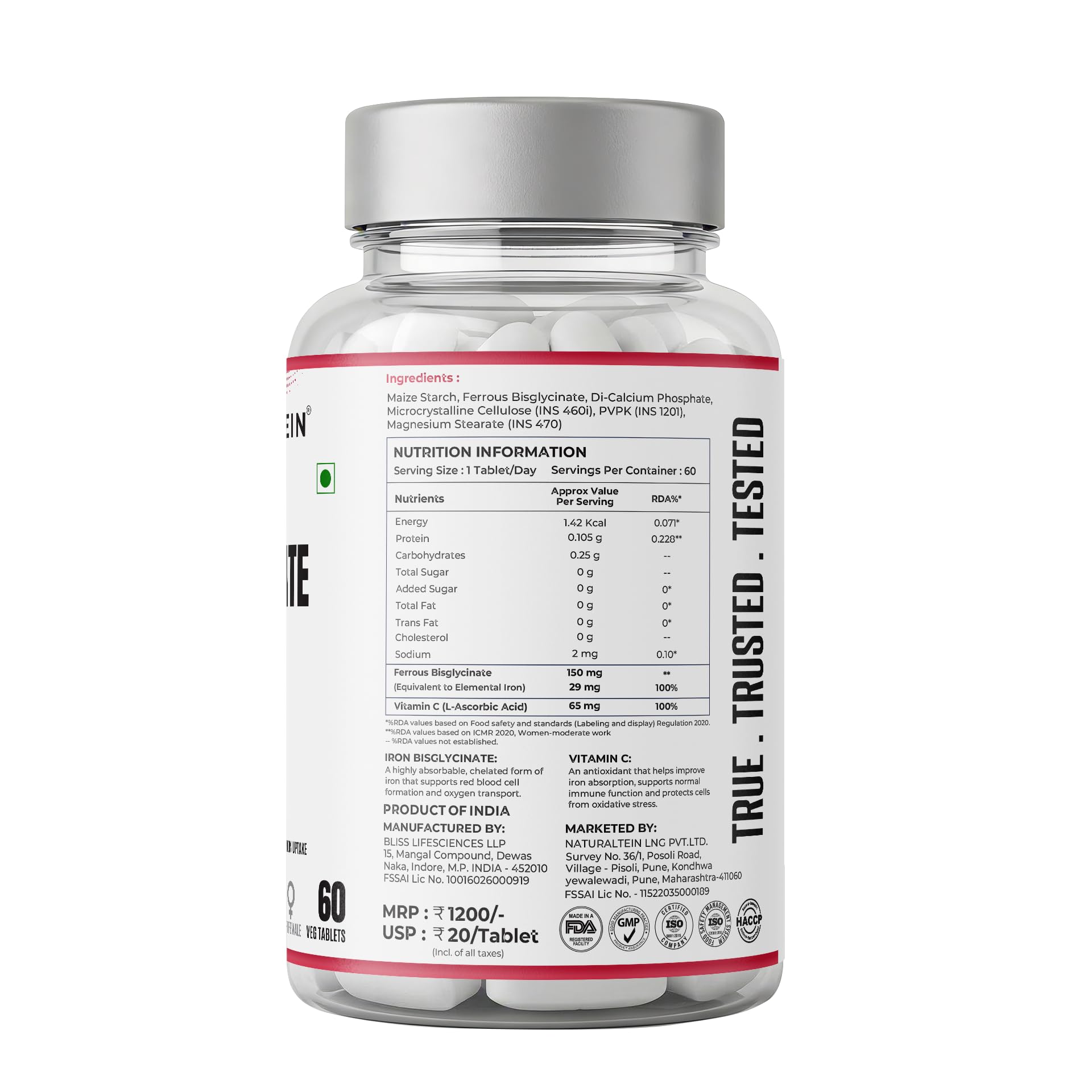NATURALTEIN Iron Bisglycinate with Vitamin C – 60 Tablets | 29 mg Elemental Iron | Gentle on Stomach | Supports Women’s Energy, Vitality & Healthy Blood Levels 1