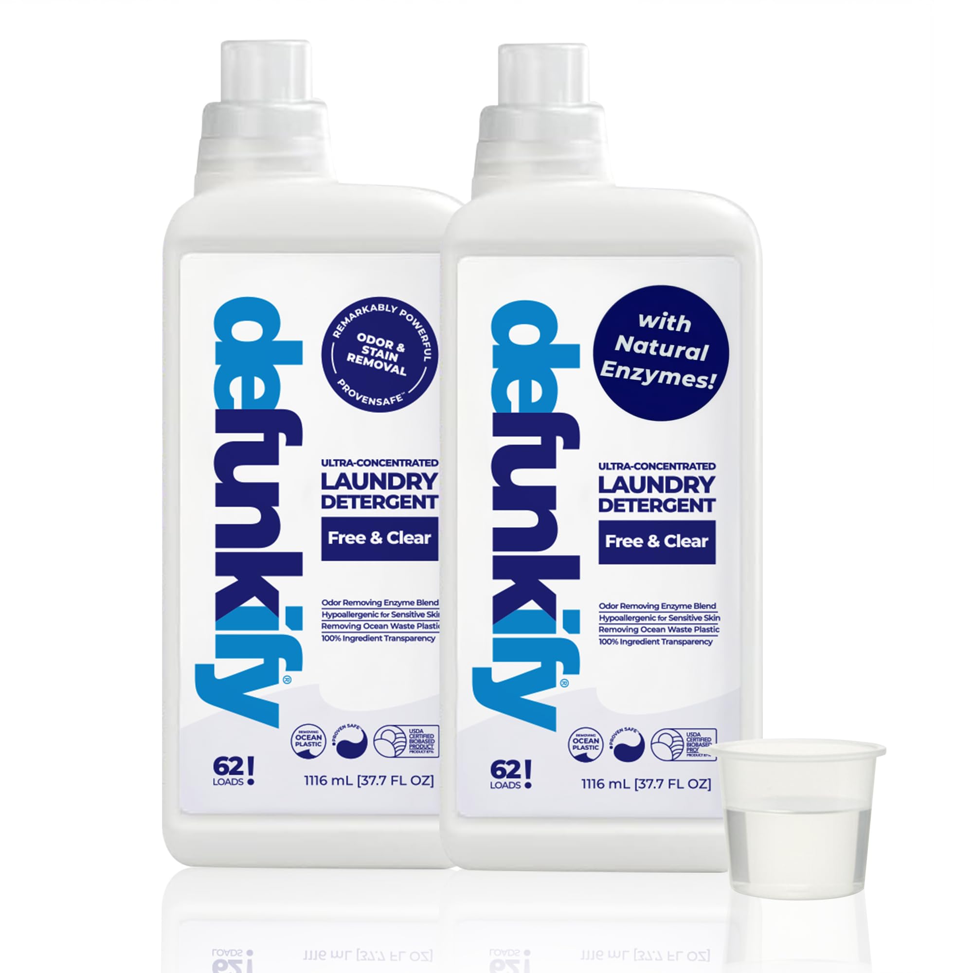 DEFUNKIFY NEW! Liquid Laundry Detergent, Free & Clear - Crushes Odor - EPA Safer Choice - 87% BioBased - 124 Loads (2-Pack of 62 Load Bottles) (Free & Clear)