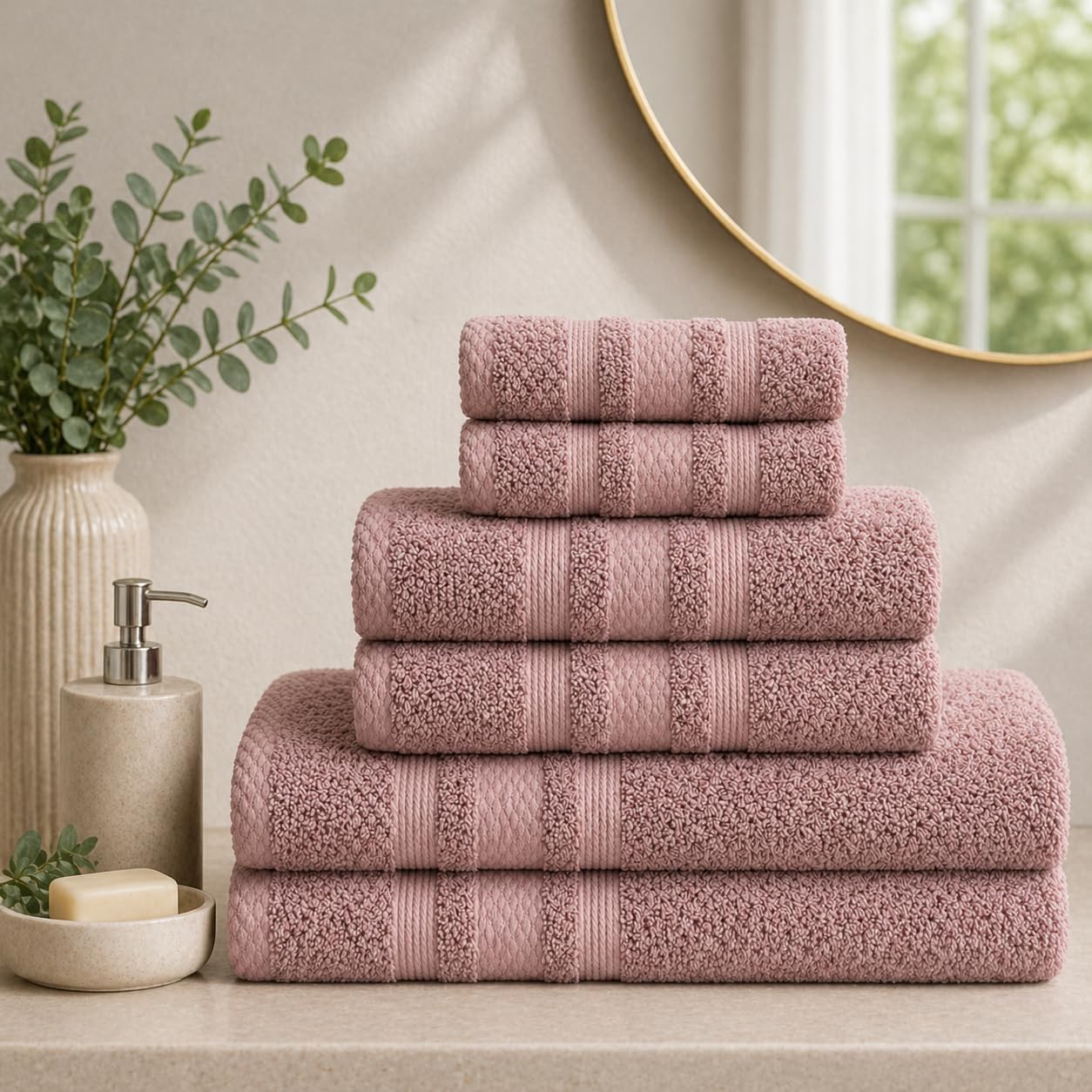 Set Asciugamani Bagno 6 Pezzi, 100% Puro Cotone, 2 Telo Doccia 90x140cm + 2 Asciugamani Viso 50x100cm + 2 Ospiti 40x60cm, Morbidi e Assorbenti, Spugna 600 gr, per Bagno, Hotel e Spa (Rosa Antico)