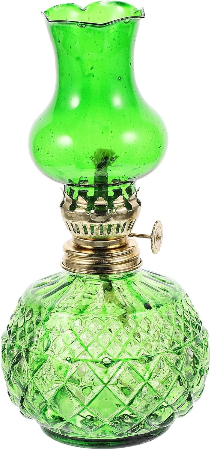 Angoily Vintage Glass Oil Lamp with Windproof Shade Lightweight Portable Temple Kerosene Lantern for Indoor and Outdoor Use Decorative Retro Kerosene Lamp with Wick for Tabletop Home Decor