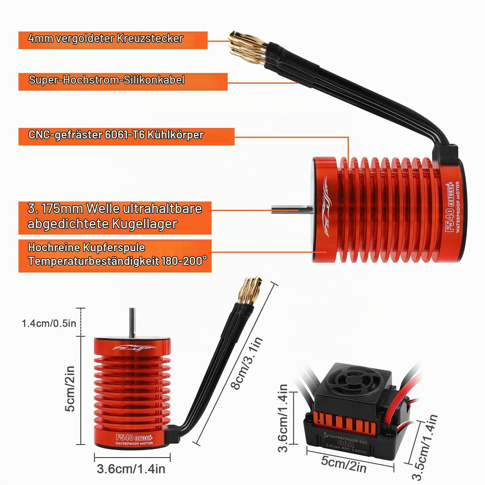 3650 F540 4370KV Sensorloser bürstenloser Motor& 60A wasserdichtes ESC Set
