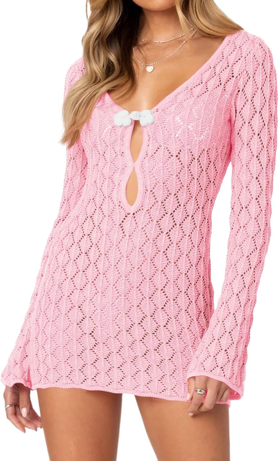 Saodimallsu Womens Crochet Cover Up Long Sleeve Sexy Bodycon Sheer Knit Summer Beach Swimsuit Coverup Cut Out Mini Dress