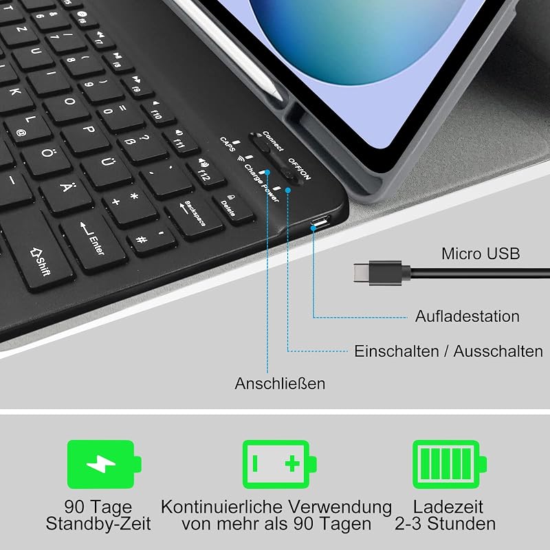 Zabatoco Samsung Galaxy Tab S6 Lite 10.4" Billentyűzetes Tok QWERTZ Mágneses Bluetooth