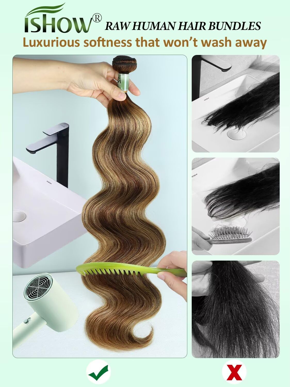 ISHOW Raw Human Hair Bundles, 100% Unprocessed Virgin Human Hair, 15A Body Wave Premium Quality Bundles Producer, 16 18 20 Inch 3 Bundles, Long Lasting, Ombre Honey Blonde Color P4/27