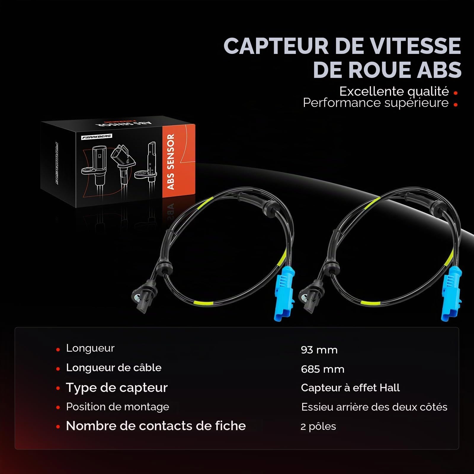 Frankberg capteurs ABS 2 broches arrière gauche droit 9805083380 | Compatible avec: Crossland X P17 P2QO, Fourgon Crossland X, 2008 I Van CU, C3 III Fourgon SX SY, C3 Aircross II 2C 2R