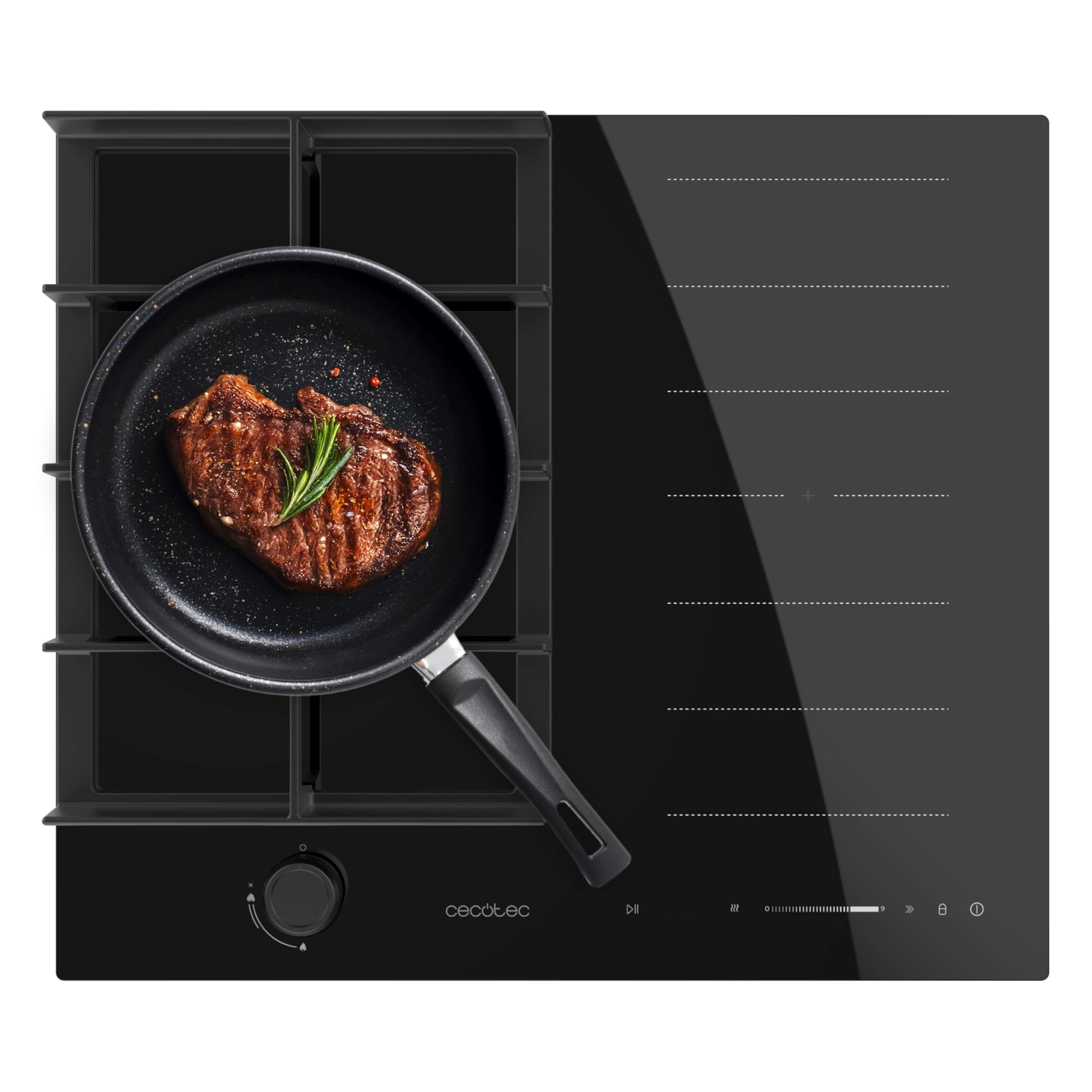 Cecotec Bolero Squad GI 3500 Hybrid FullFlex Gas and Induction Hob. Induction Power 3400W, 9 Speeds with Booster Function, FullFlex Zone, Keep Warm and Stop&Go Function, Wok Burner 3.4kW