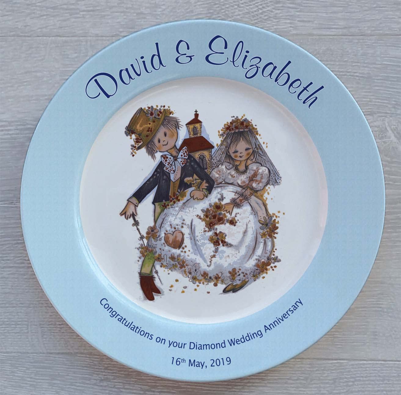 All About Names Personalised Diamond (60th) Wedding Anniversary Plate - Wedding Couple & Church Design - Blue Rim