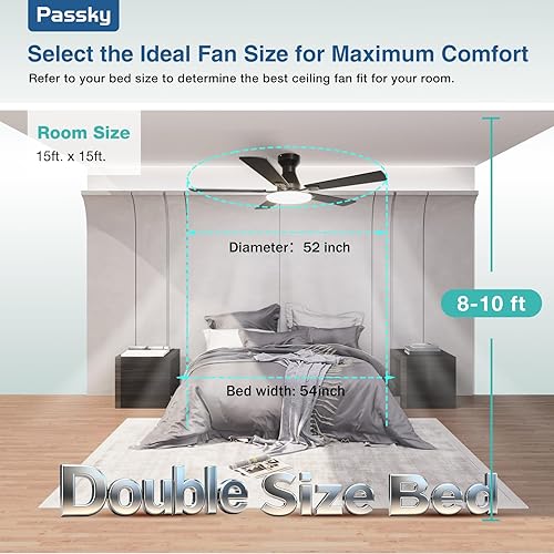 Miniatura 8 de Passky Ventiladores de techo con luces, ventilador de techo elegante de 52 pulgadas con luz y control remoto, 3CCT, regulable, reversible,