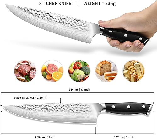 Miniatura 2 de Cuchillo de chef forjado alemán de acero 7CR13 de 8 pulgadas, mango de madera de Pakka negra con triple remache con proceso de forja extra, regalos