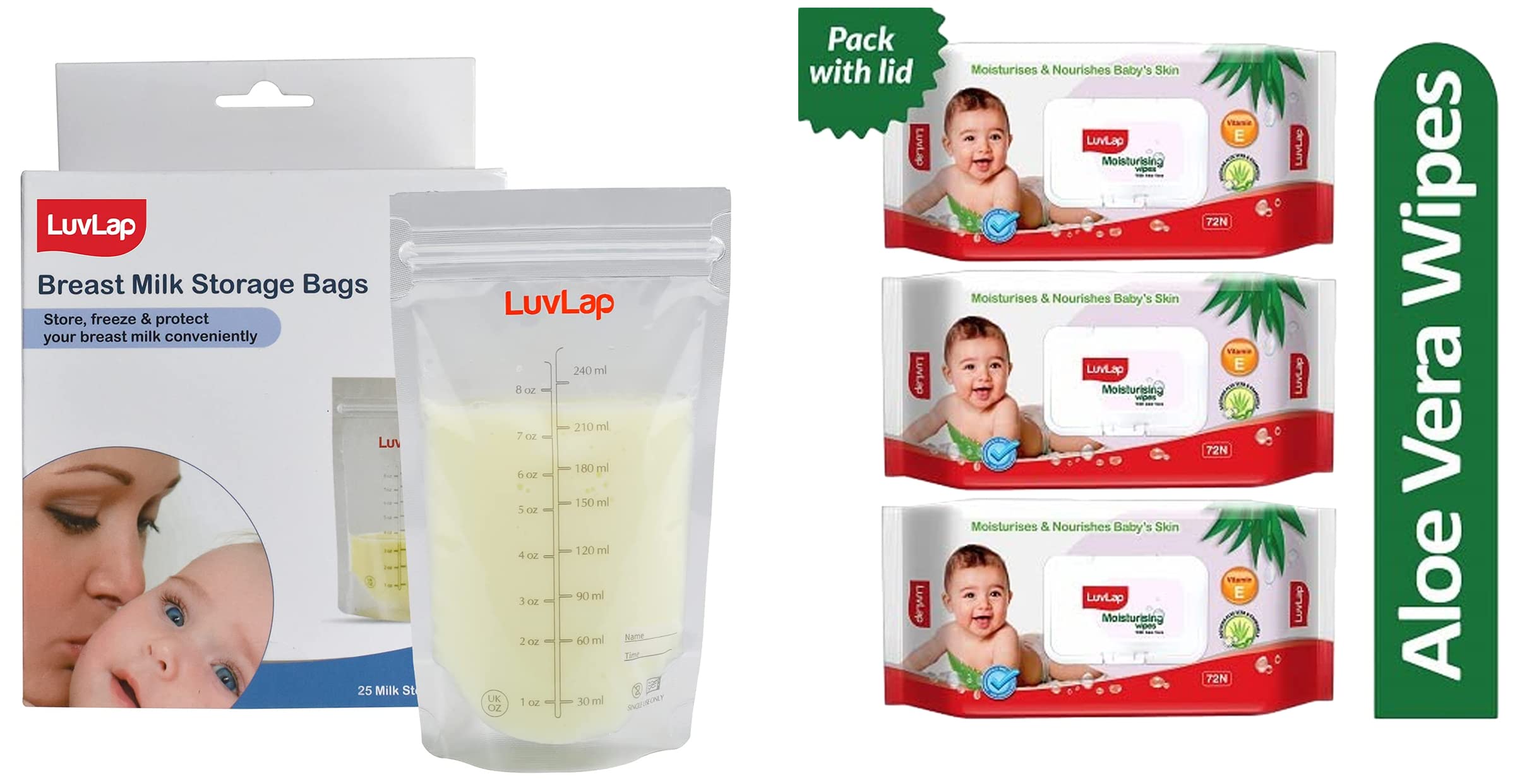LuvLap Baby Breast Milk Storage Bags (Pack of 25), BPA Free Disposable Milk Freezer Bags for Breast Feeding, Transparent & Paraben Free Wipes for Baby Skin with Aloe Vera, 72 Wipes/Pack, 3 Packs-image-23