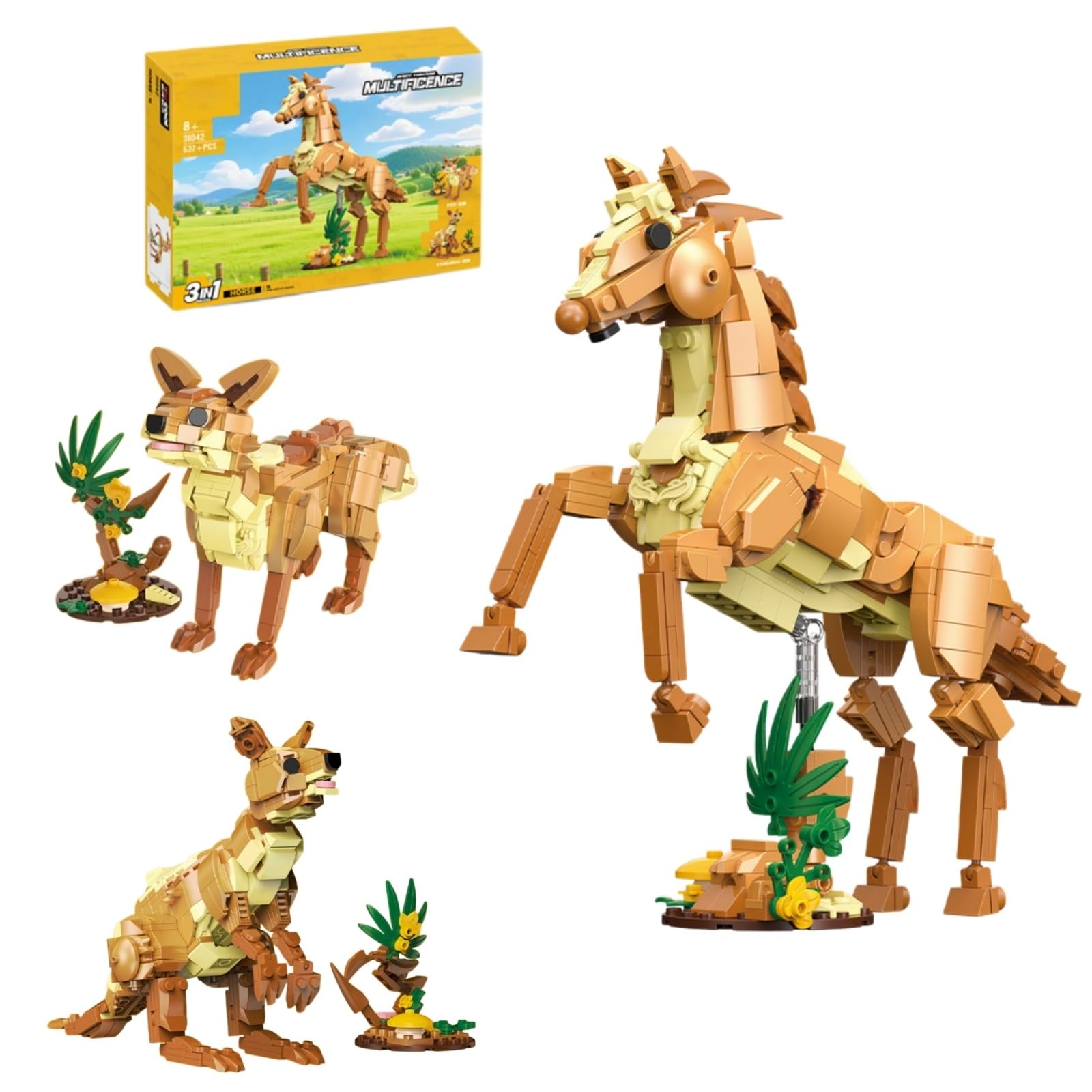Fuleying Horse Building Blocks Set for Adult, 3 in 1 Animal Figures Build a Horse, Kangaroo or Fox, Wildlife Display Model for Home Decor, STEM Educational Toy Birthday Gift （537 PCS）