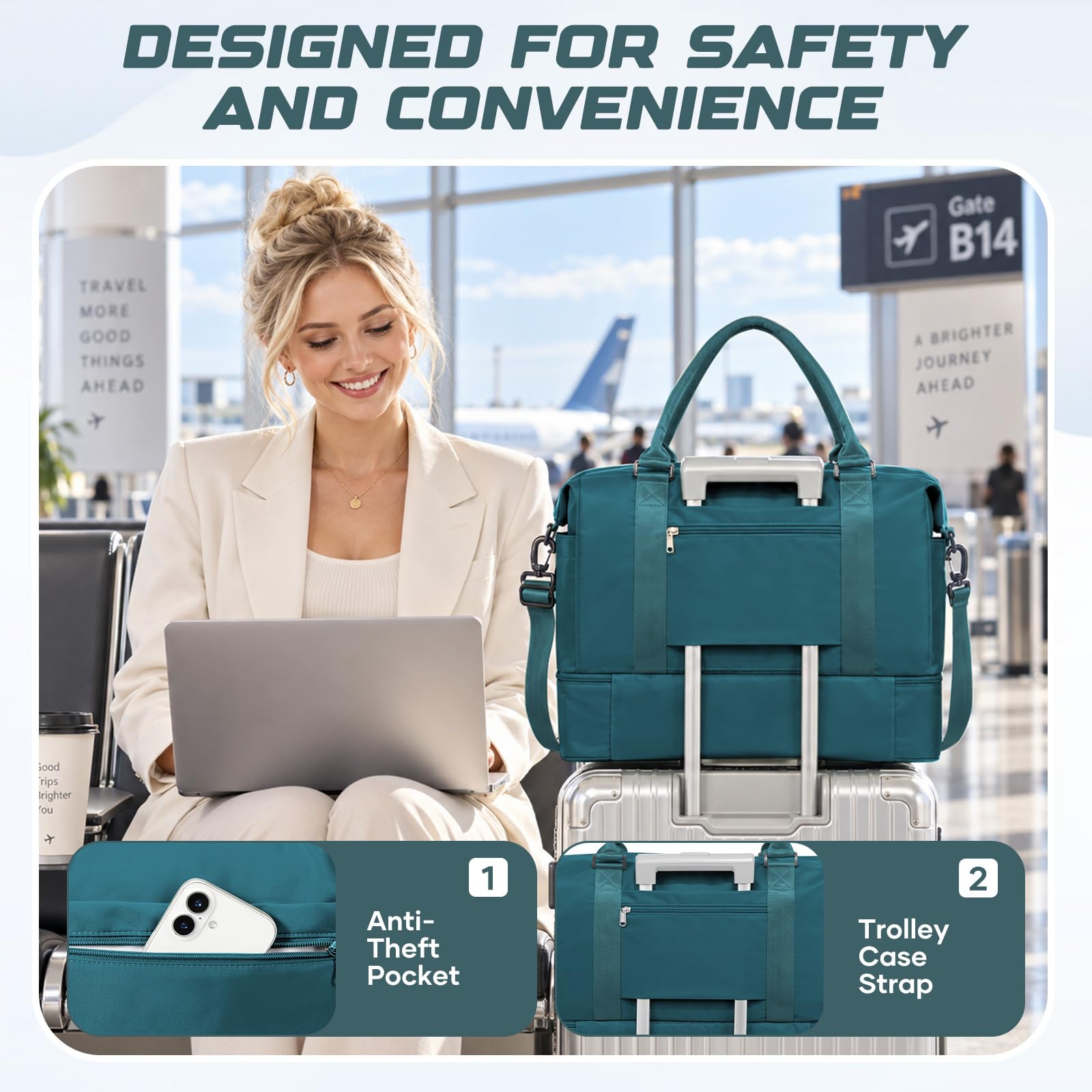 HPLQQ Bolsa de Viaje 45x36x20 Easyjet Equipaje de Mano Bolsa de Fin de Semana de Deporte Mujer con Compartimento para Zapatos Impermeable Bolsa Gimnasio Bolso Maternidad Hospital,A04-Azul Pavo Real