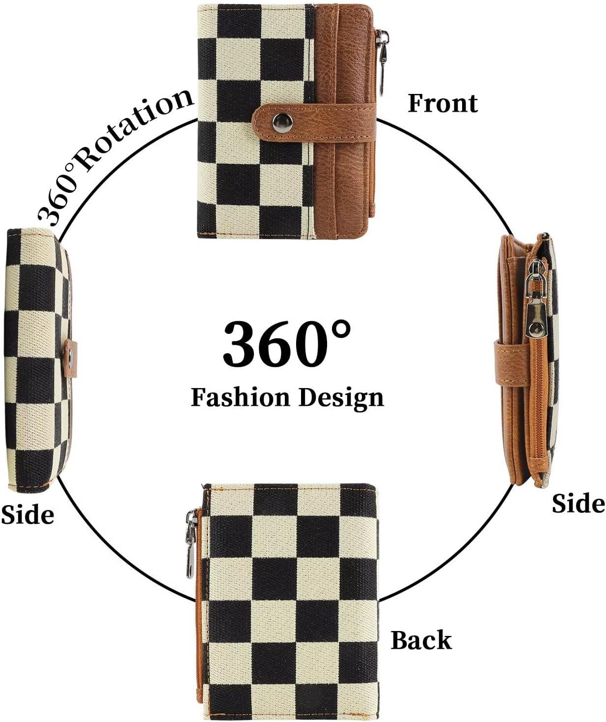 Women's RFID Blocking PU Leather Bifold Wallet-Compact Design with 8 Card Slots,ID Window,Snap Button Closure|Stylish Checkered Pattern,Multiple Colors|Secure&Functional for Daily Use(Checkered brown) - Image 4