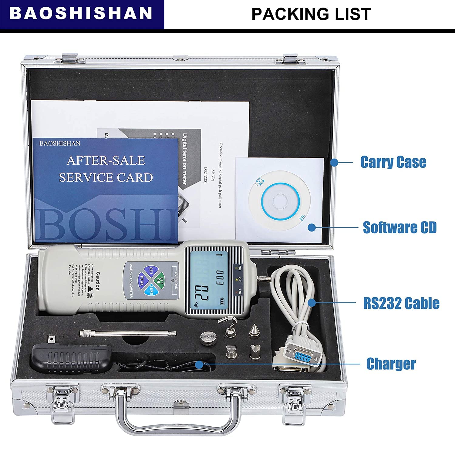 BAOSHISHAN Digitaler Kraftmesser Push-Pull-Messgerät-Tester mit USB-RS232-Schnittstelle LCD-Kraftmess-Schubmesser ZP (1000N mit Kunststoffgehäuse)