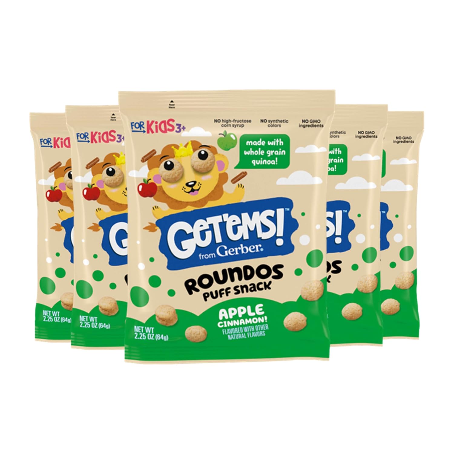 Get’ems! from Gerber, Snacks for Kids, Apple Cinnamon Roundos Puffs, Made with Whole Grain Quinoa, Calcium to Support Strong Bones – 5 pack