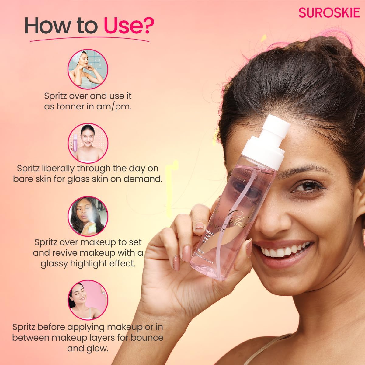 Suroskie Roses Glass Skin Mist 100Ml | 2 in 1 Face Toner + Makeup Setting Spray | Rose Water for Face with Aloe Vera & Lotus | Toner for Glowing & Hydrating Skin | All Skin Types | for Men & Women