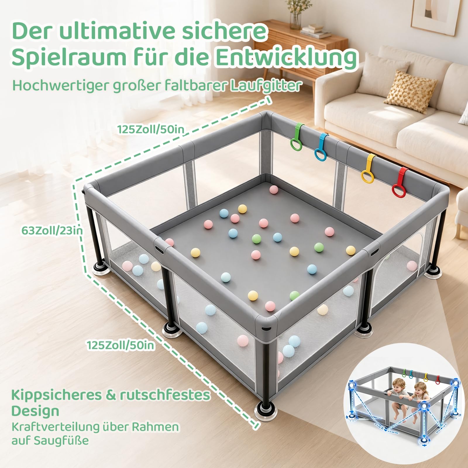 Laufstall Baby Faltbar Laufgitter Playpen, 125*125cm Faltbarer Kinder Play Pen Gitter mit Reißverschlusstür & Starker Saugnapf | Drinnen & Draußen Tragbares Babyzaunn | Quick 60s Pop up (Dunkelgrau）