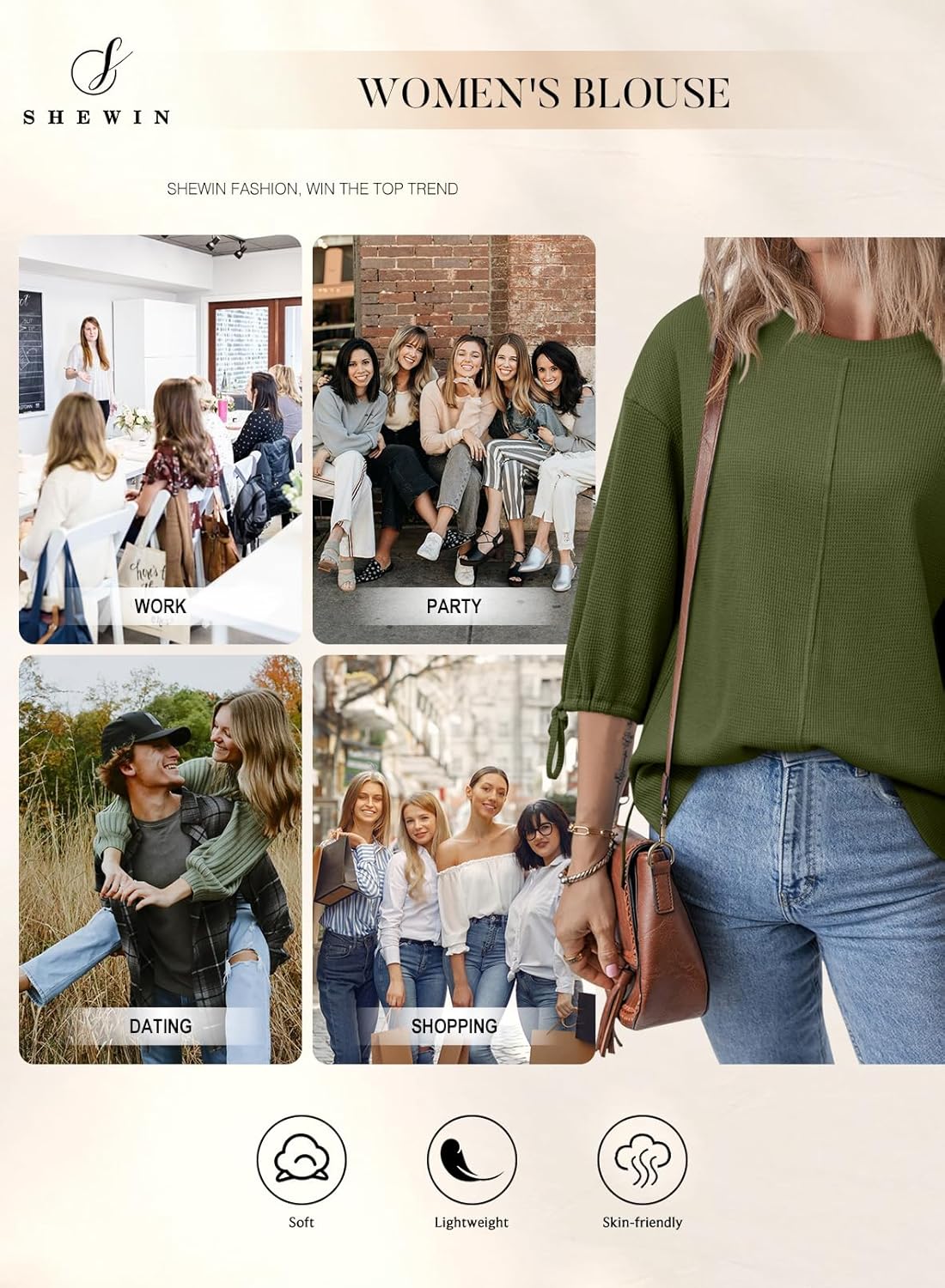 SHEWIN Women's 3/4 Length Sleeve Tunic Tops Loose Fit Casual Crewneck Waffle Knit T Shirts - Image 4