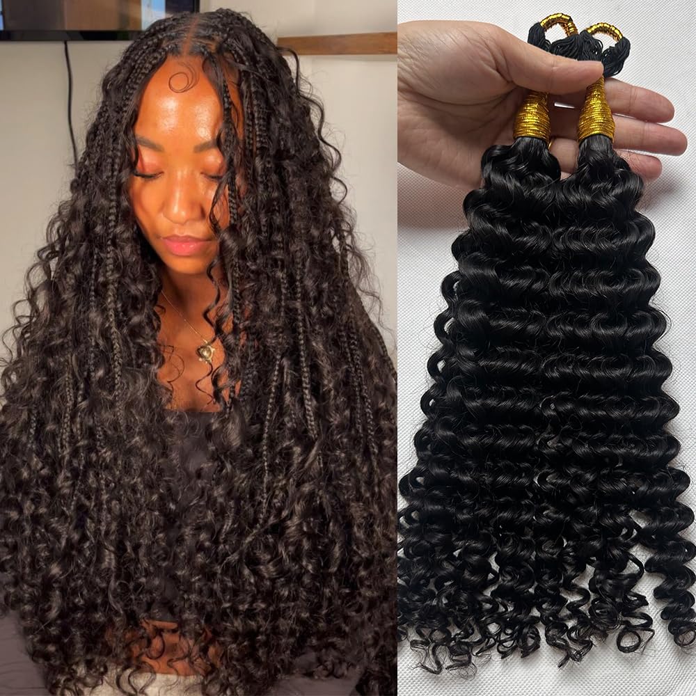 Feather Crochet Human Hair for Braiding Spanish Curly Crochet Boho Braiding Hair 100% Human Hair Extension 4.5in Long Cord Reusable 18inch 120Strands (240 Strands Full Head)