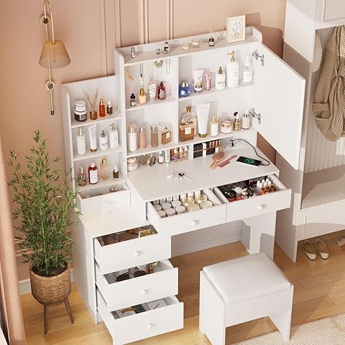 Miniatura 2 de Vabches Vanity Makeup Mirror Desk with Stool,Makeup Vanity Set with 6 Drawers and Shelves,Vanity Table with Power Strip,Vanity Mirror 3 Lighting