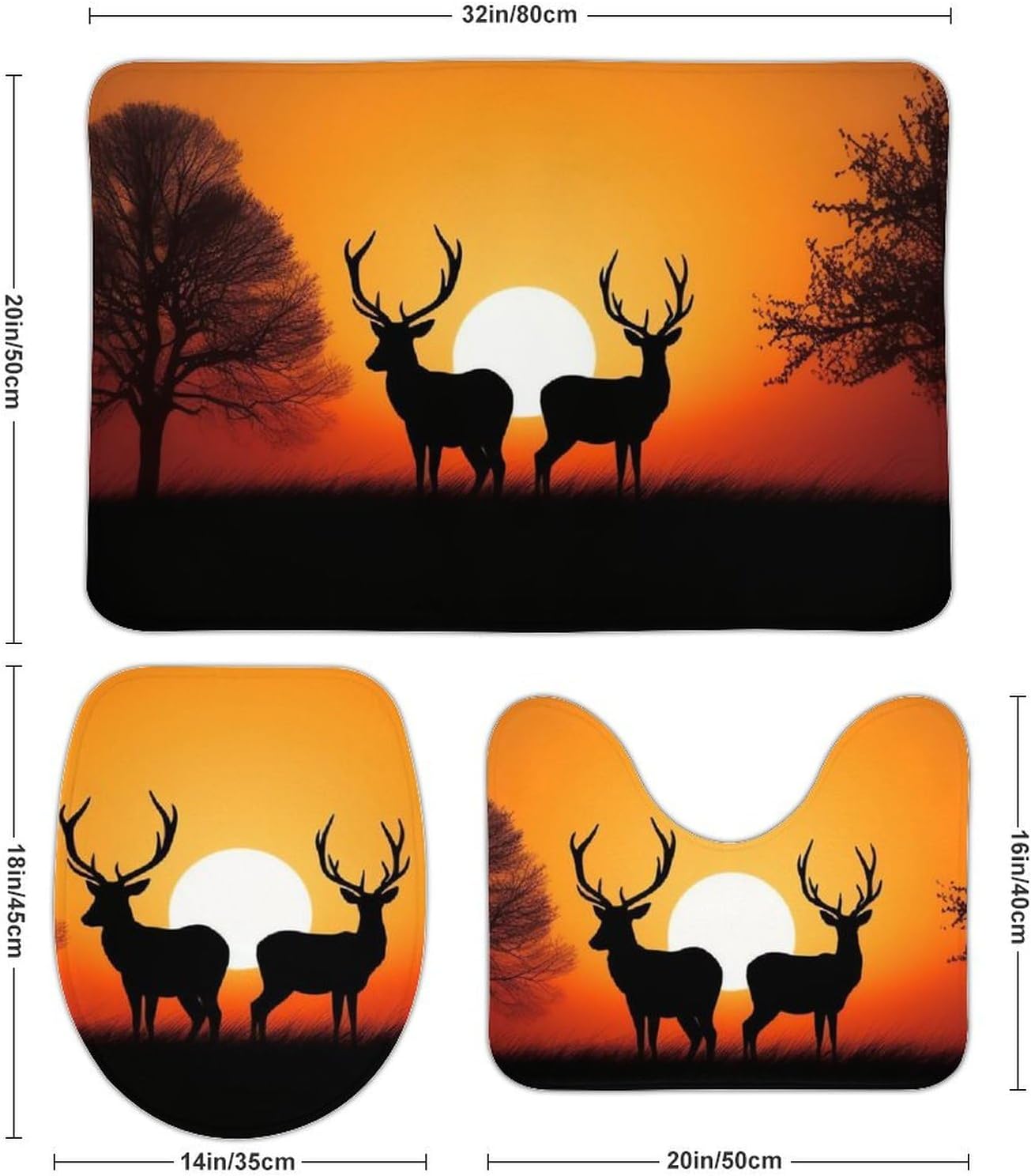 Anti-Skid Floor Mats 3 Piece Set,Nature Sunset Deer Printed Coral Fleece Bathroom Mats U-Shaped Contour Mat Toilet Seat Cover for Bathroom, Tub, Shower, Kitchen 19.7"x31.5"