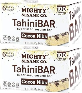 Mighty Sesame TahiniBars With Cocoa Nibs (2 Pack, Total 12 Bars) 100 Calorie Bar, Gluten Free, Vegan, Nothing Artificial, Kosher
