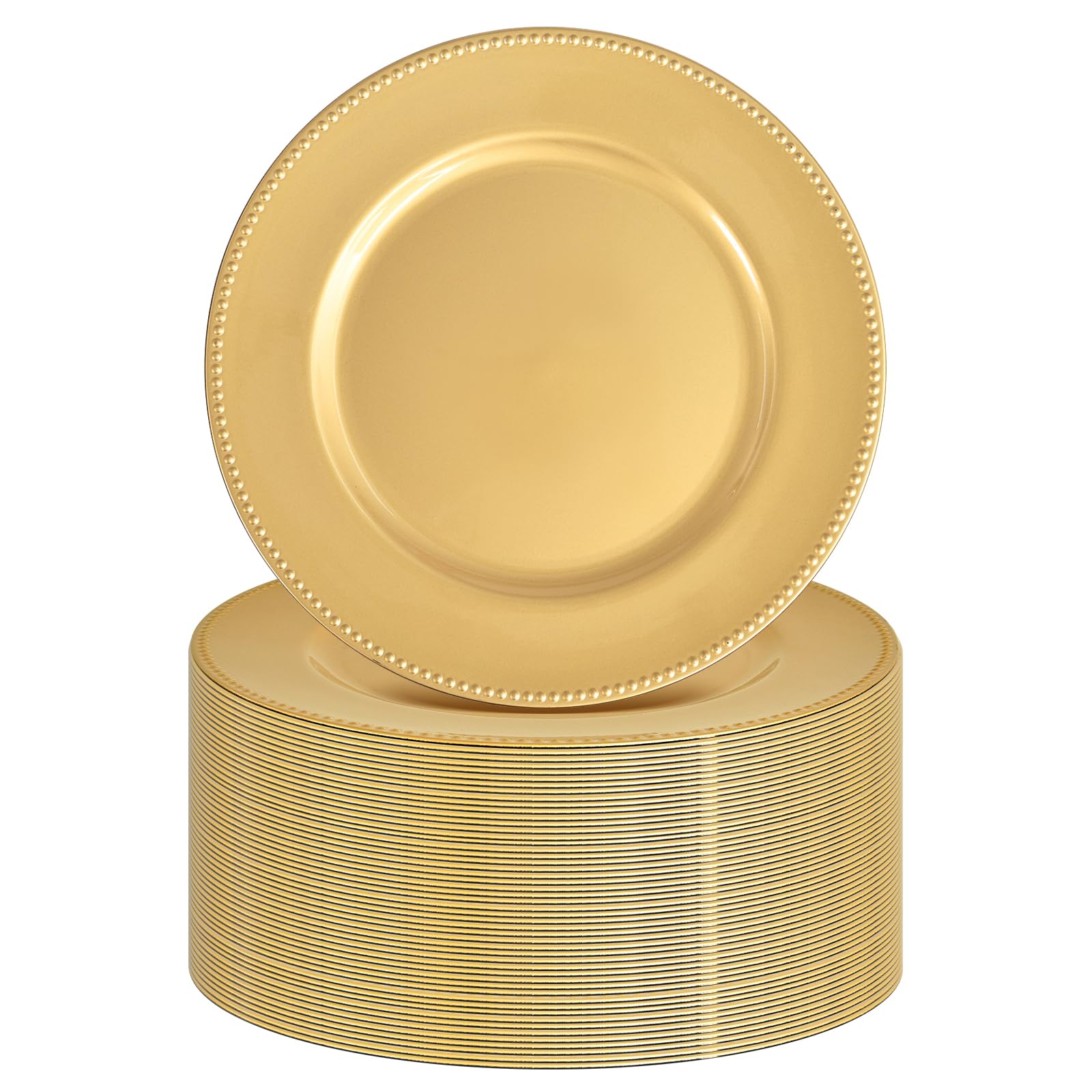 FXKS 50 Pcs Gold Charger Plates Round Charger Plates13 Inch Bulk Wedding Dinner Elegant Reusable Plastic Chargers Plates Wedding Holiday Party Baby Shower Event Decoration (Gold)
