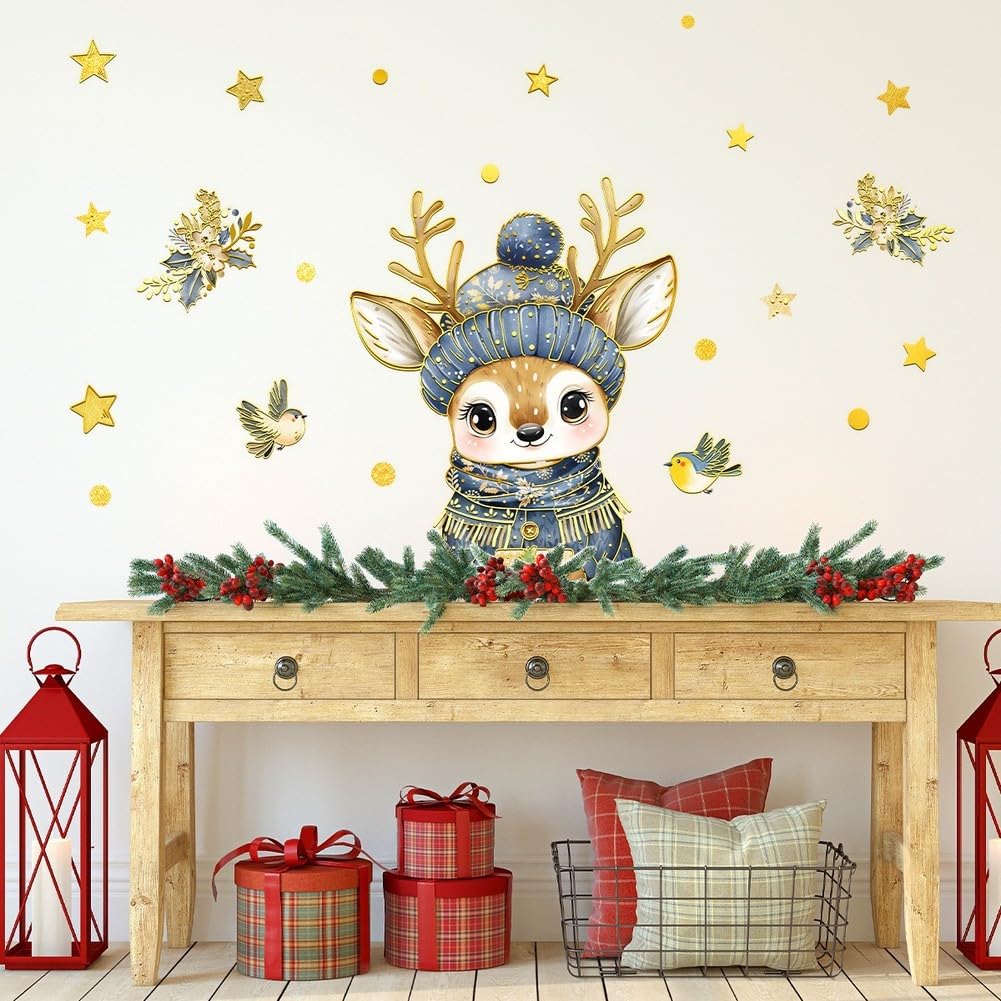Calcomanía de ventana de Navidad de dibujos animados de alce dorado de PVC adhesivo de pared reutilizable para decoración del hogar de temporada 86 x 95 cm