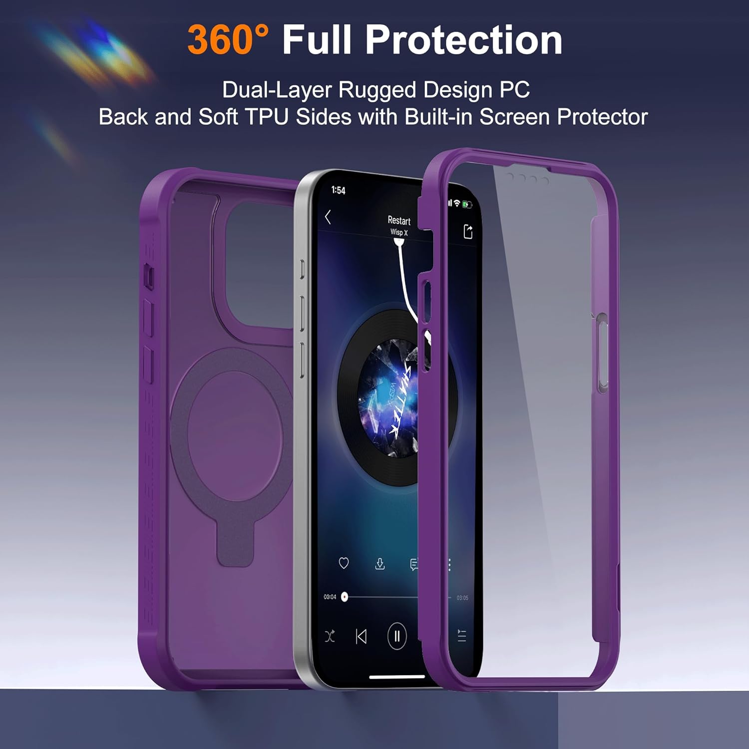 Compatible with iPhone 14/13 Case with Magnetic Ring Stand [Compatible with Mag-Safe] [Built-in Screen Protector] Military-Grade Drop Protection Matte Translucent Phone Case, Dark Purple