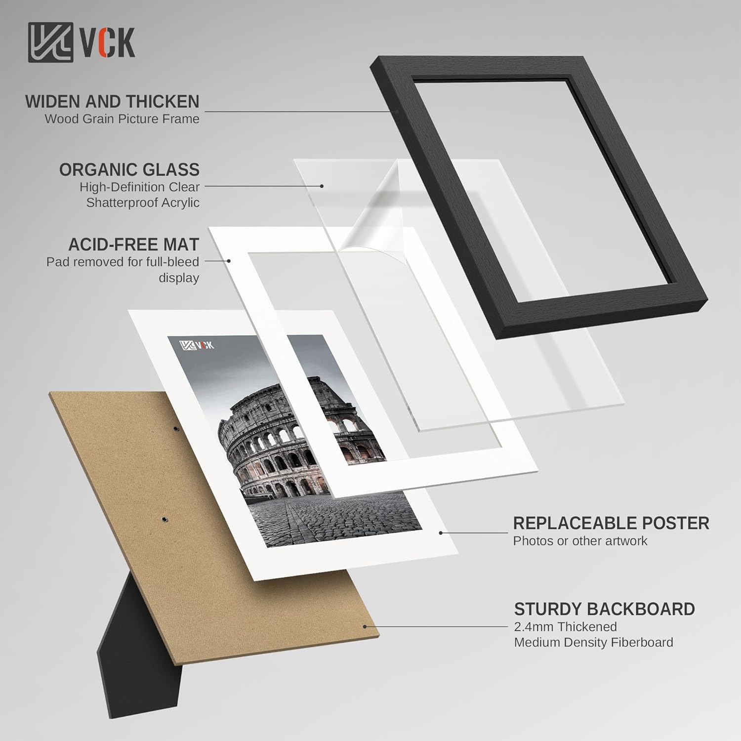 VCK 5x7 Picture Frame Black - 2 Pack, 1.1-Inch Wide Wood Frame with Wood Grain Finish, Shatter-Resistant Plexiglass, for Horizontal/Vertical Tabletop & Wall Hanging in Home, Office, or Gallery